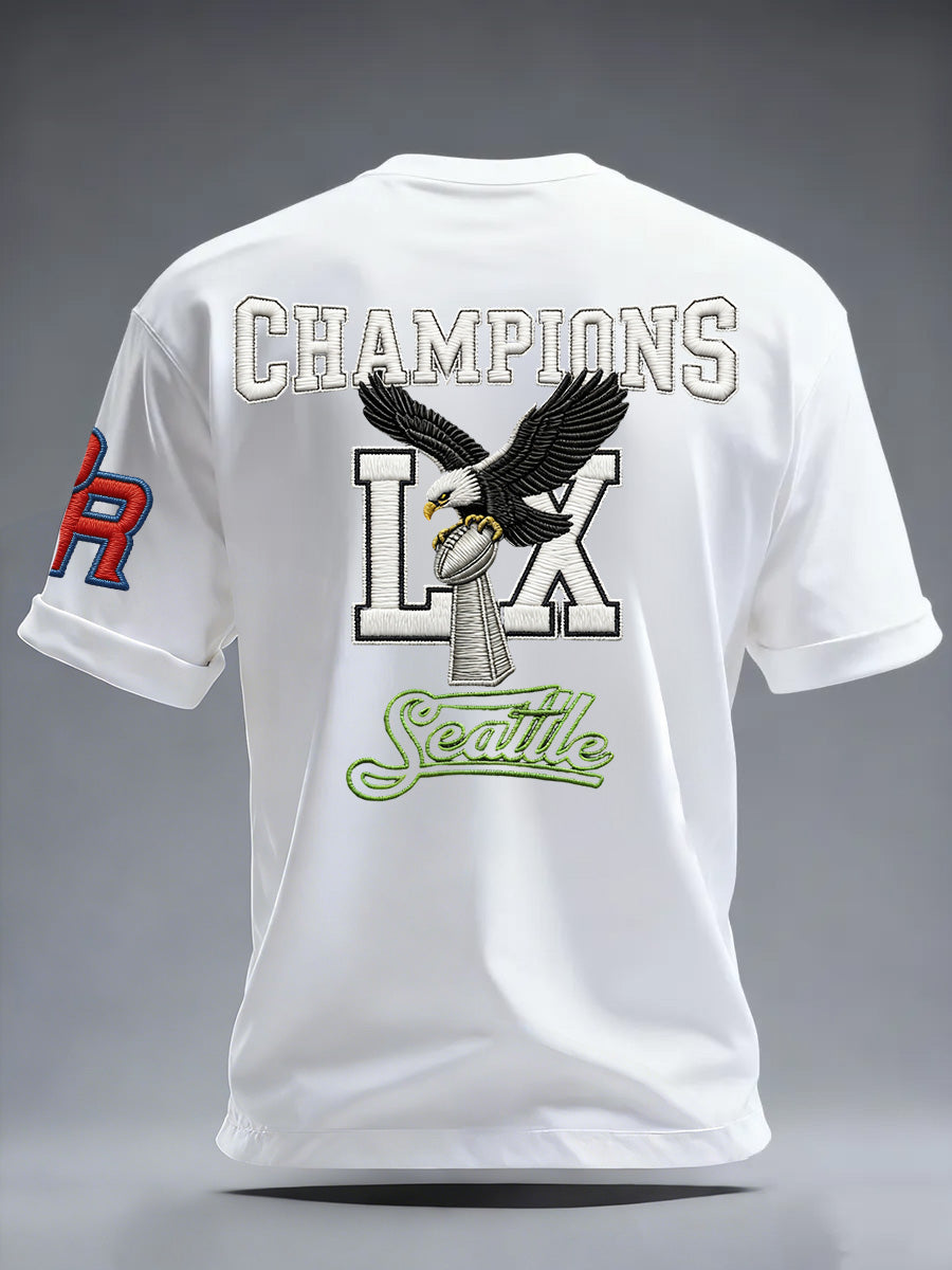 Men's Fashion Seahawk Champion Casual Letter Printed Round Neck T-shirt
