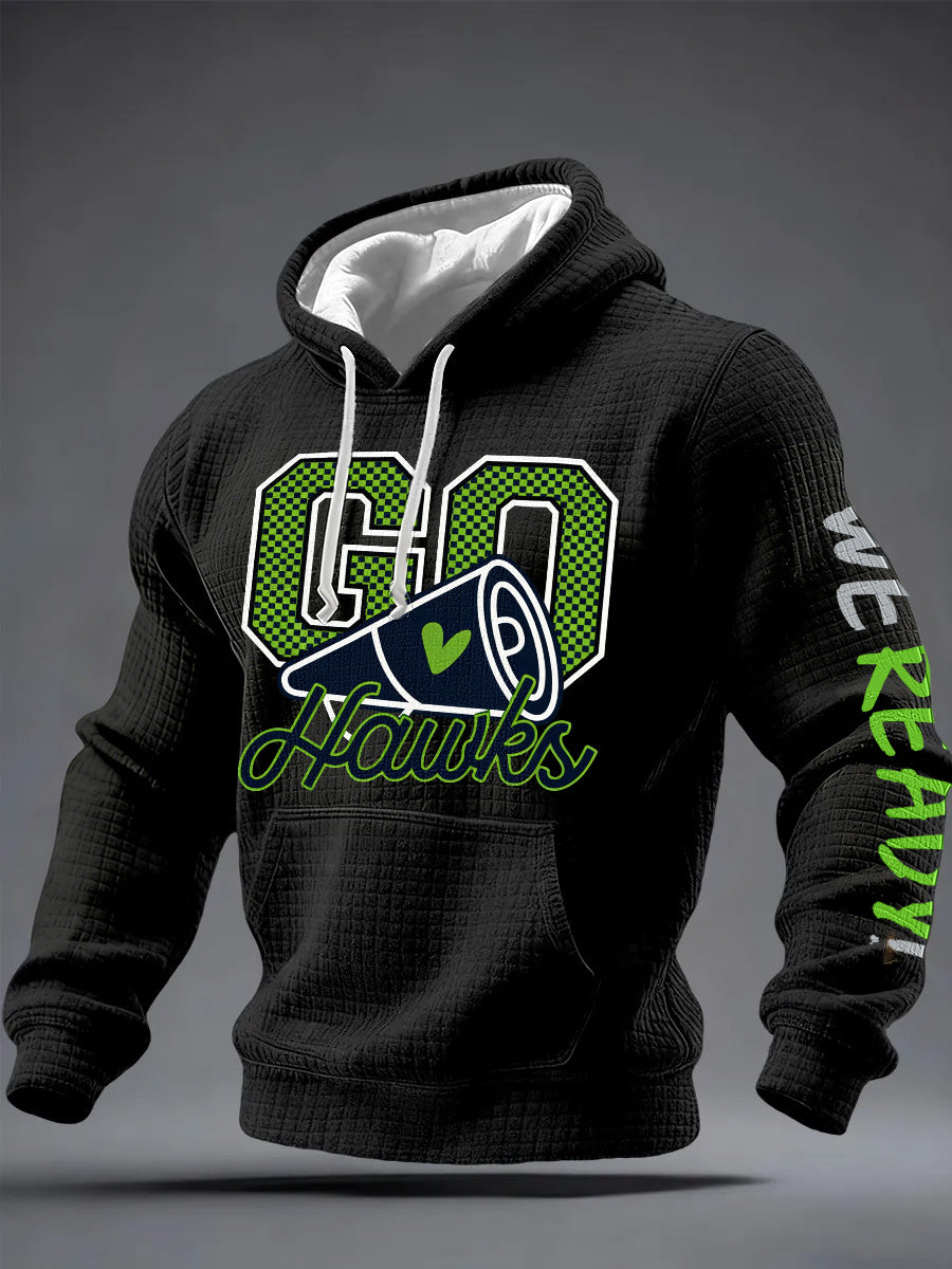 Men'S Minimalist Personalized Art Seahawk Champion Rugby Pattern Waffle Hoodie