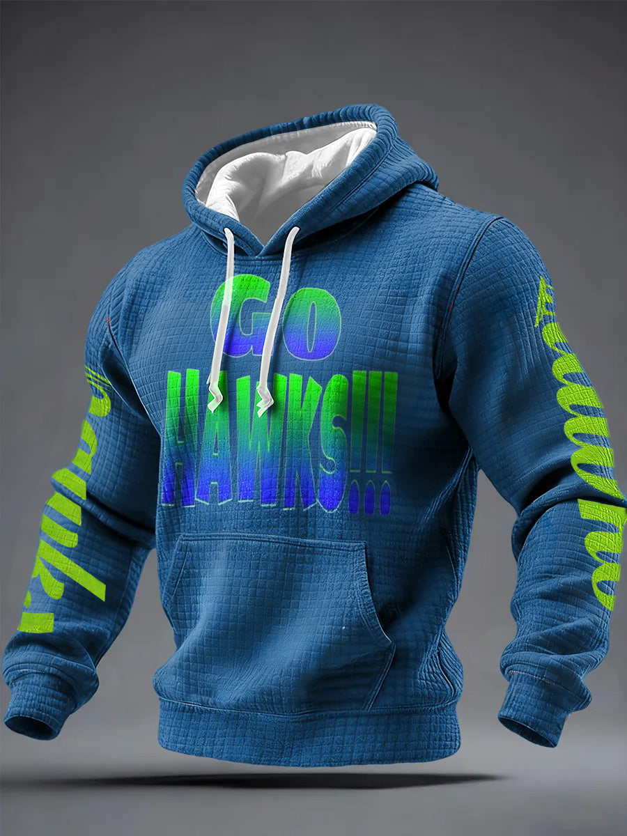 Men'S Minimalist Personalized Art Seahawk Champion Rugby Pattern Waffle Hoodie