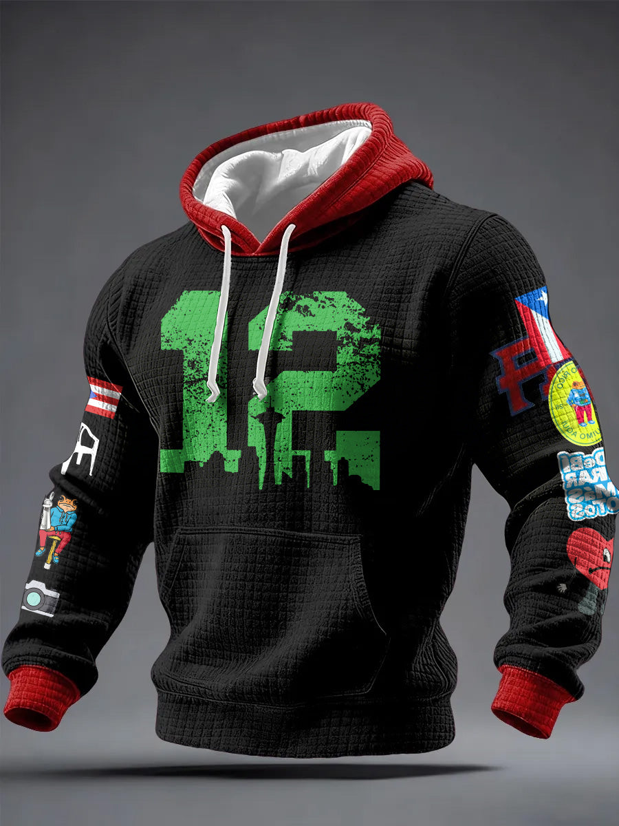 Men'S Minimalist Personalized Art Seahawk Champion Rugby Pattern Waffle Hoodie