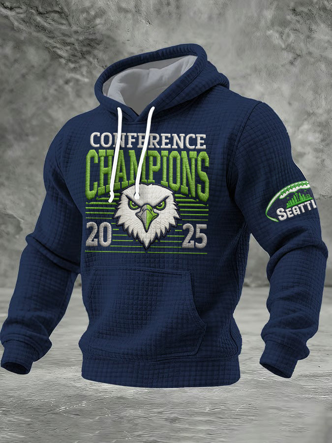 Men'S Minimalist Personalized Art Seahawk Champion Rugby Pattern Waffle Hoodie