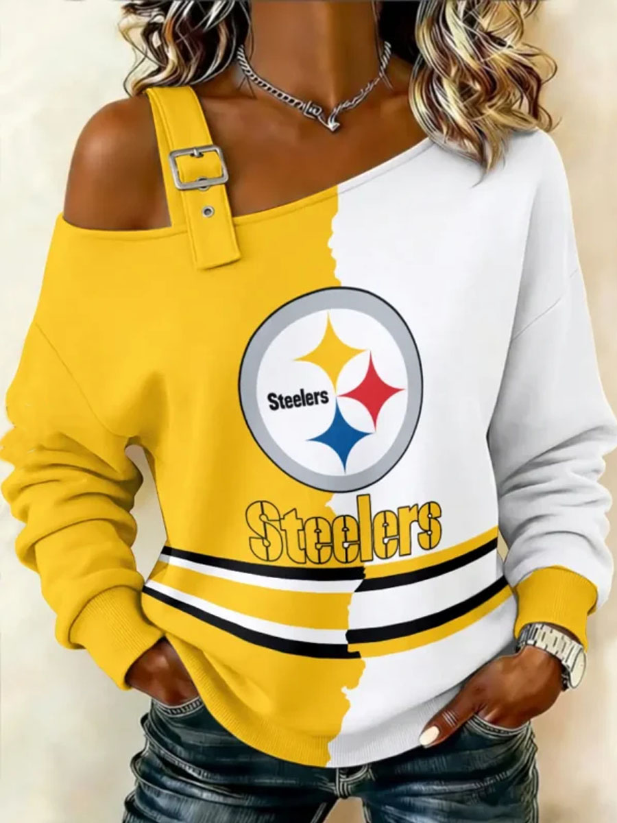 Women's Pittsburgh Steelers Football Fan Art Print Off-Shoulder Long Sleeve Top
