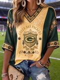 Women's Green Bay Packers Football Fan V-Neck Sports Jersey Top