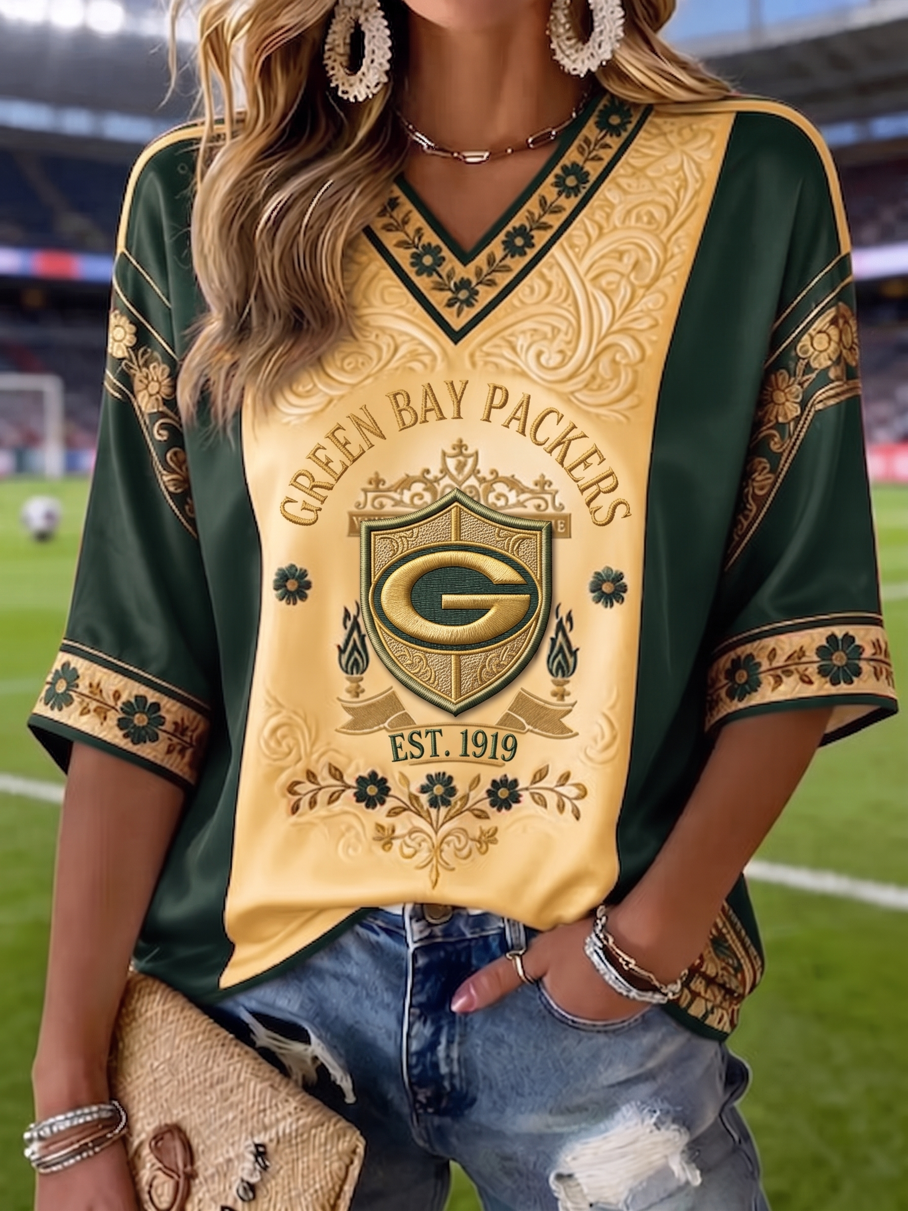 Women's Green Bay Packers Football Fan V-Neck Sports Jersey Top