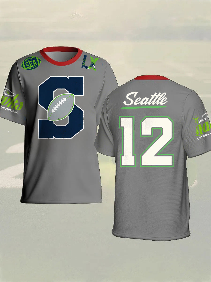 Men's Fashion Seahawk Champion Casual Letter Printed Round Neck T-shirt