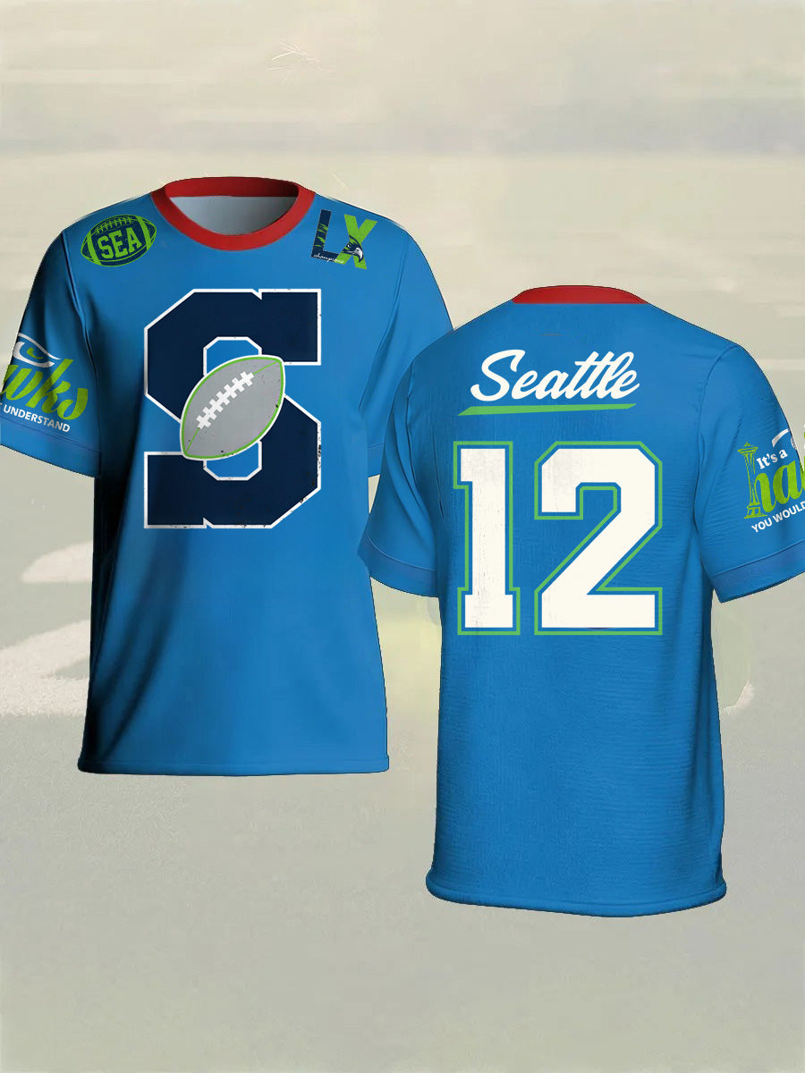 Men's Fashion Seahawk Champion Casual Letter Printed Round Neck T-shirt