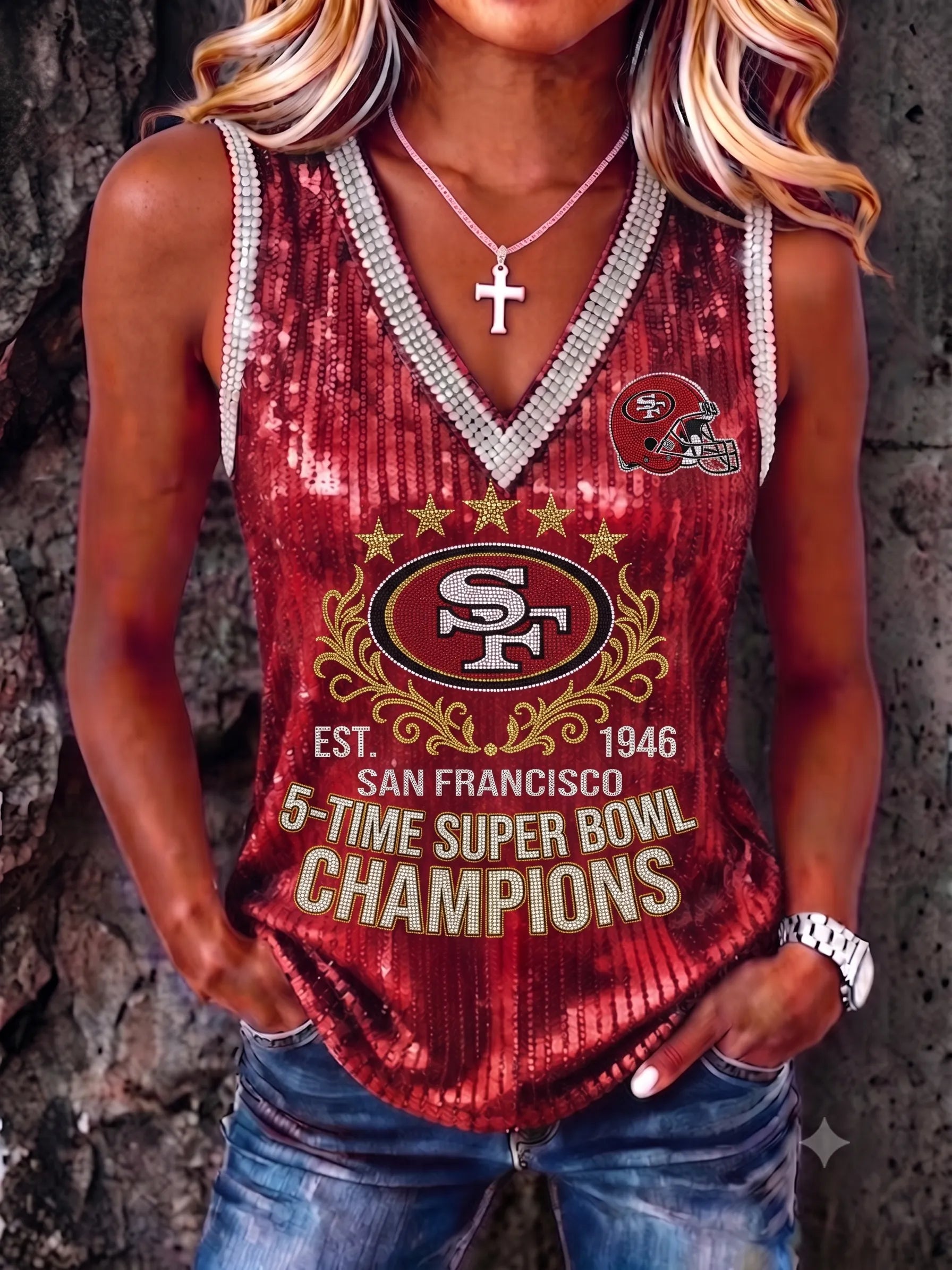 Female  San Francisco 49ers Fan In V-Neck Vest