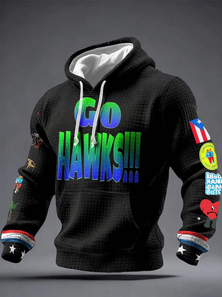 Men'S Minimalist Personalized Art Seahawk Champion Rugby Pattern Waffle Hoodie