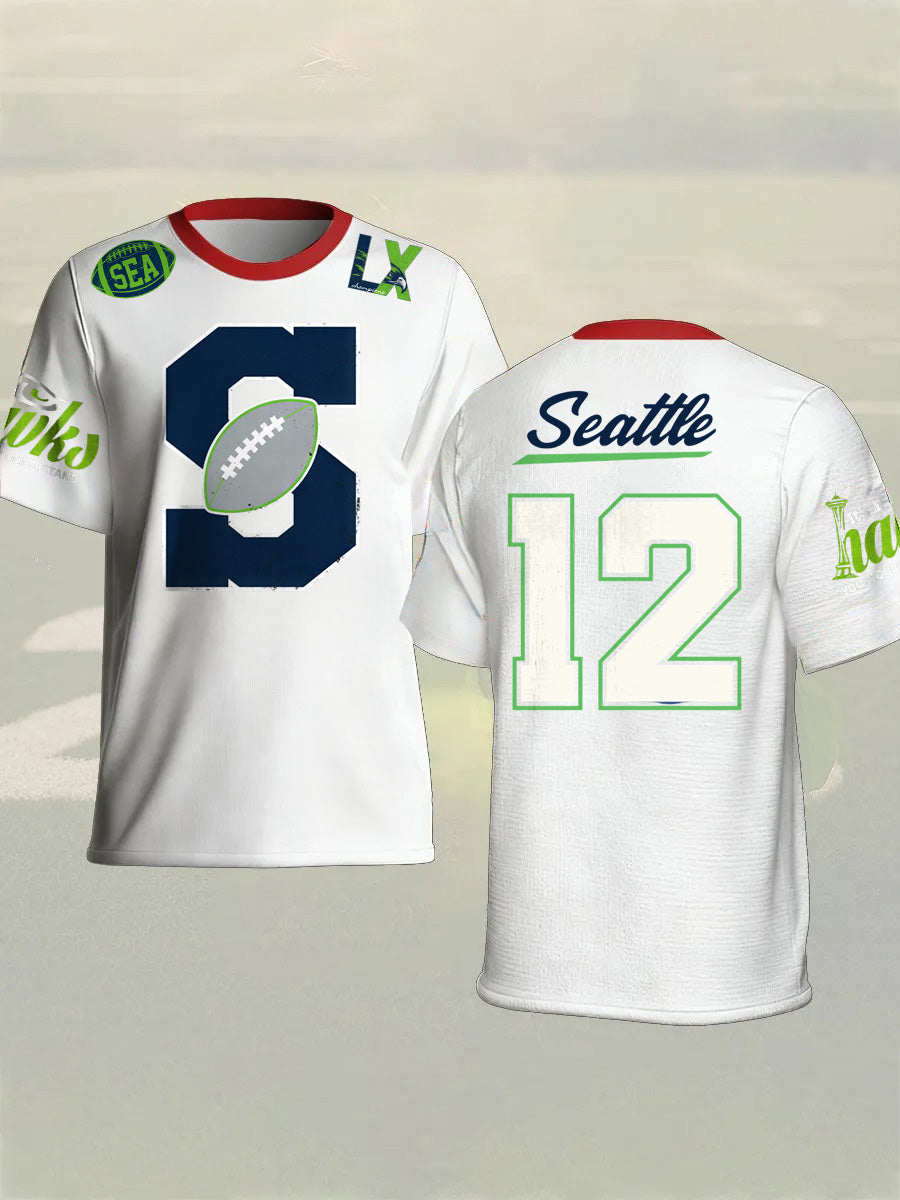 Men's Fashion Seahawk Champion Casual Letter Printed Round Neck T-shirt