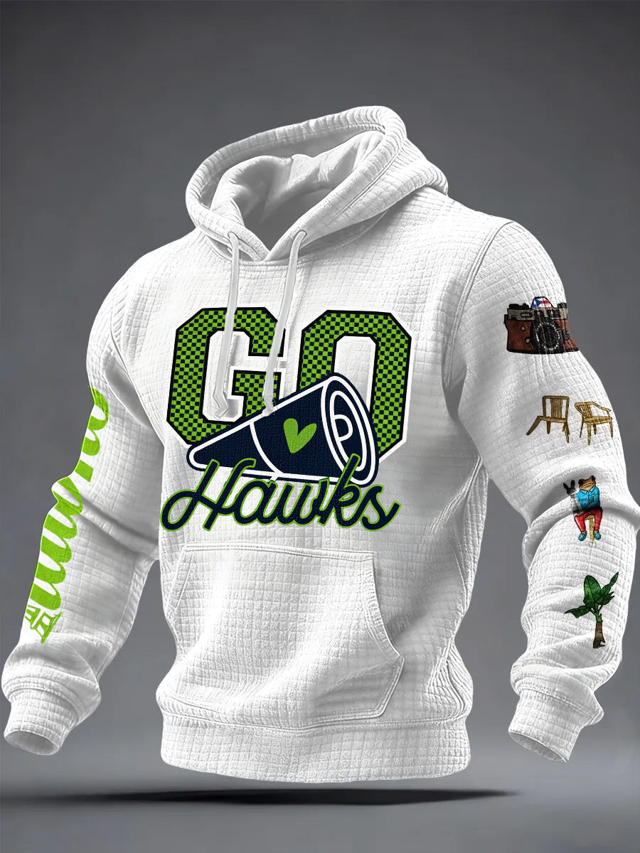 Men'S Minimalist Personalized Art Seahawk Champion Rugby Pattern Waffle Hoodie