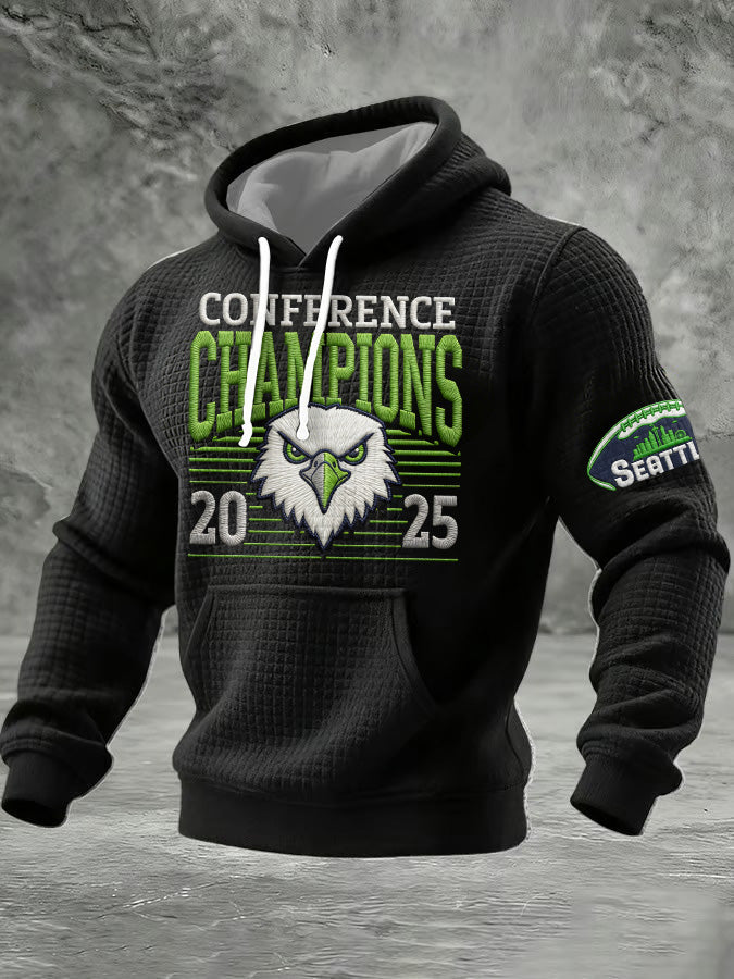 Men'S Minimalist Personalized Art Seahawk Champion Rugby Pattern Waffle Hoodie