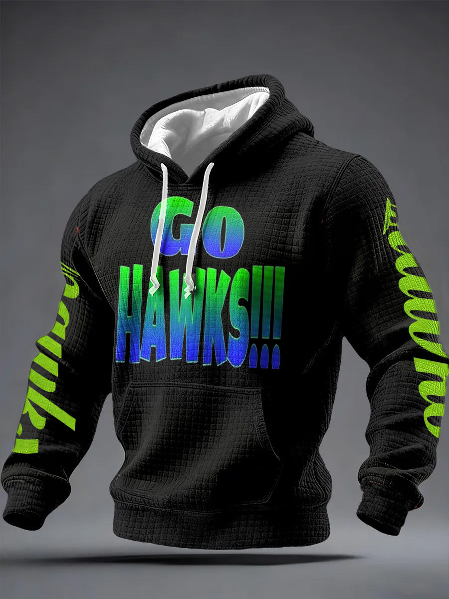 Men'S Minimalist Personalized Art Seahawk Champion Rugby Pattern Waffle Hoodie
