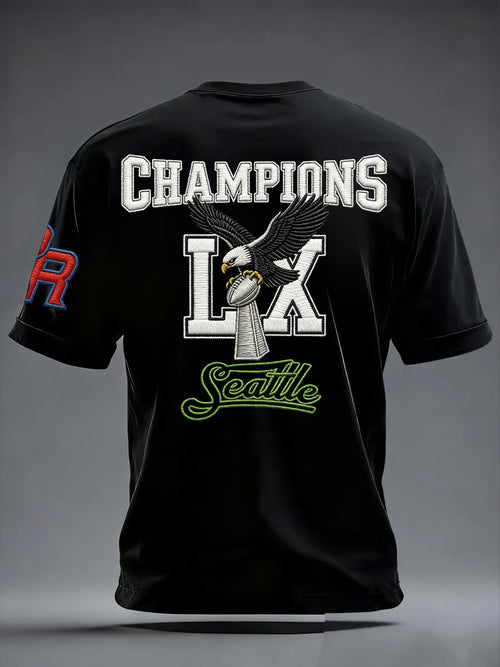 Men's Fashion Seahawk Champion Casual Letter Printed Round Neck T-shirt