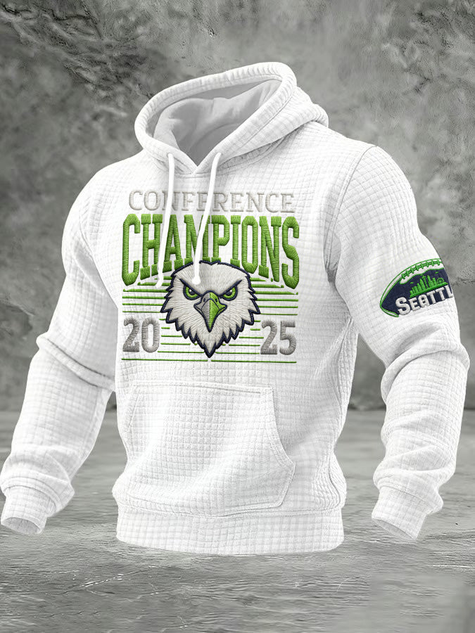 Men'S Minimalist Personalized Art Seahawk Champion Rugby Pattern Waffle Hoodie