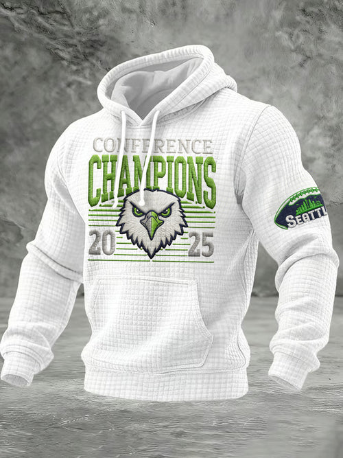 Men'S Minimalist Personalized Art Seahawk Champion Rugby Pattern Waffle Hoodie