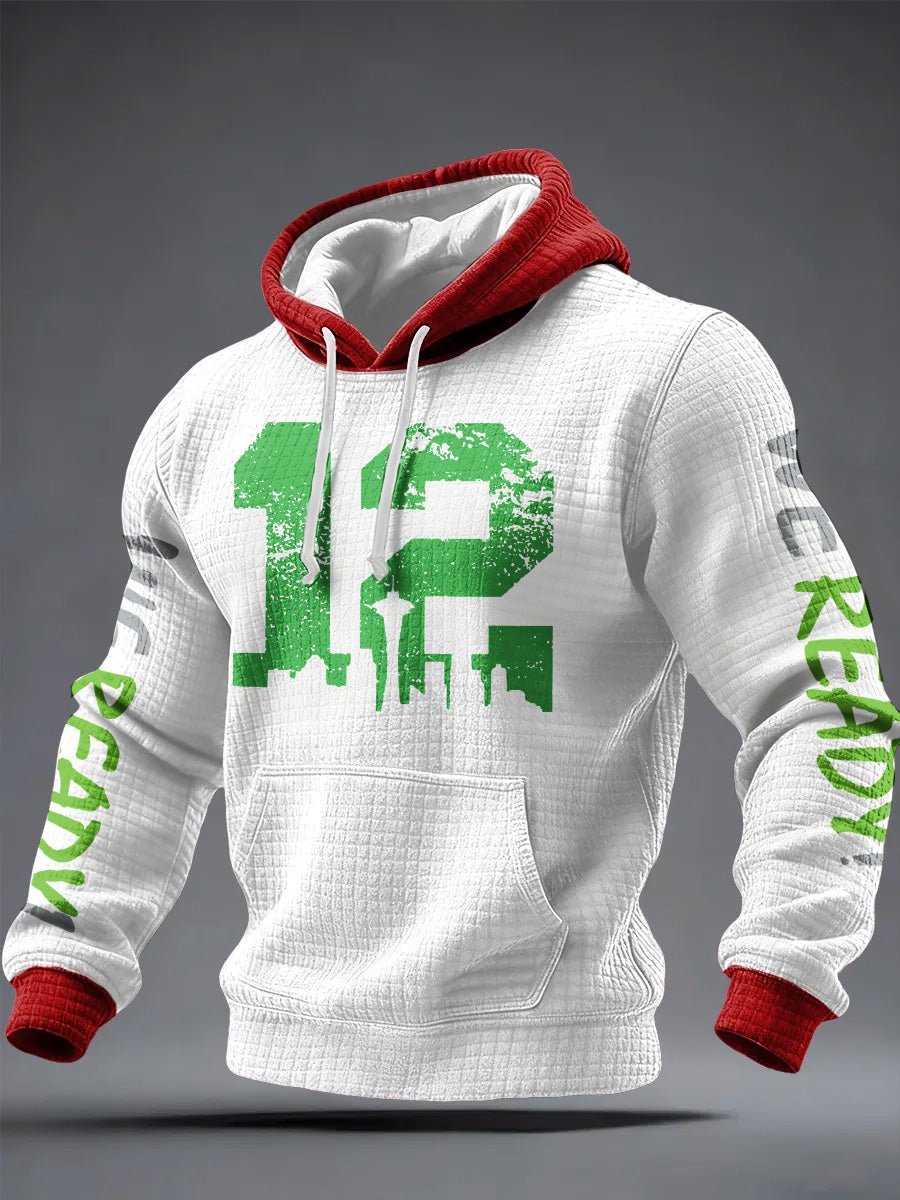Men'S Minimalist Personalized Art Seahawk Champion Rugby Pattern Waffle Hoodie