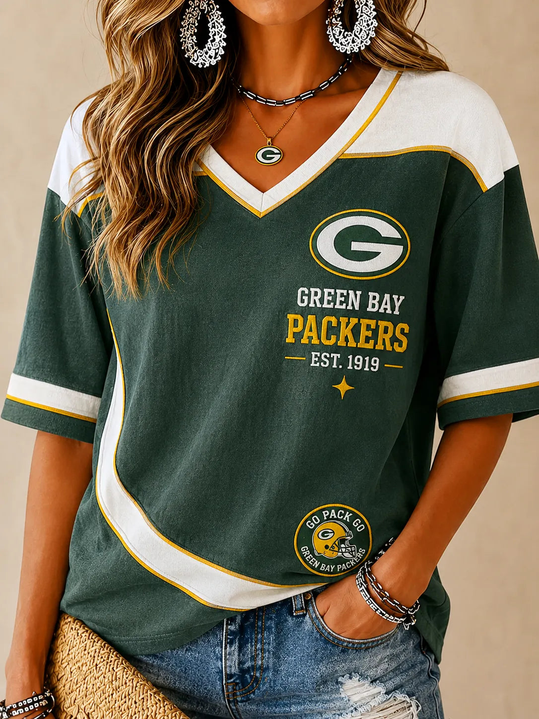 Women's Packers Colorblock V-Neck Tee