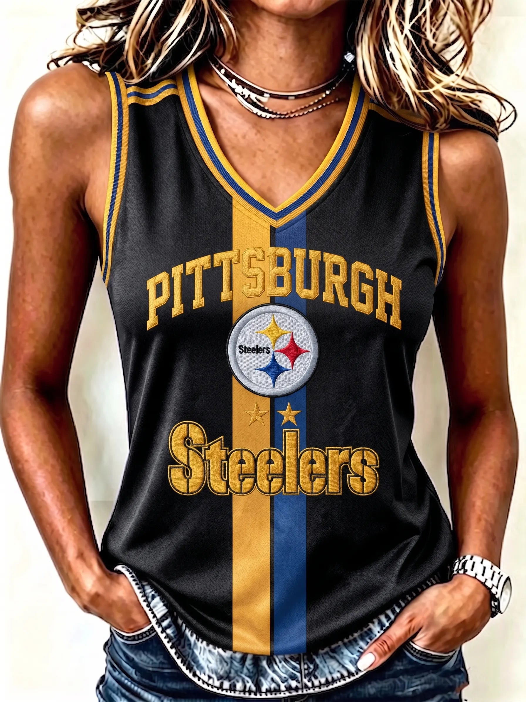 Women's Pittsburgh Steelers Football Fan In V-Neck Vest
