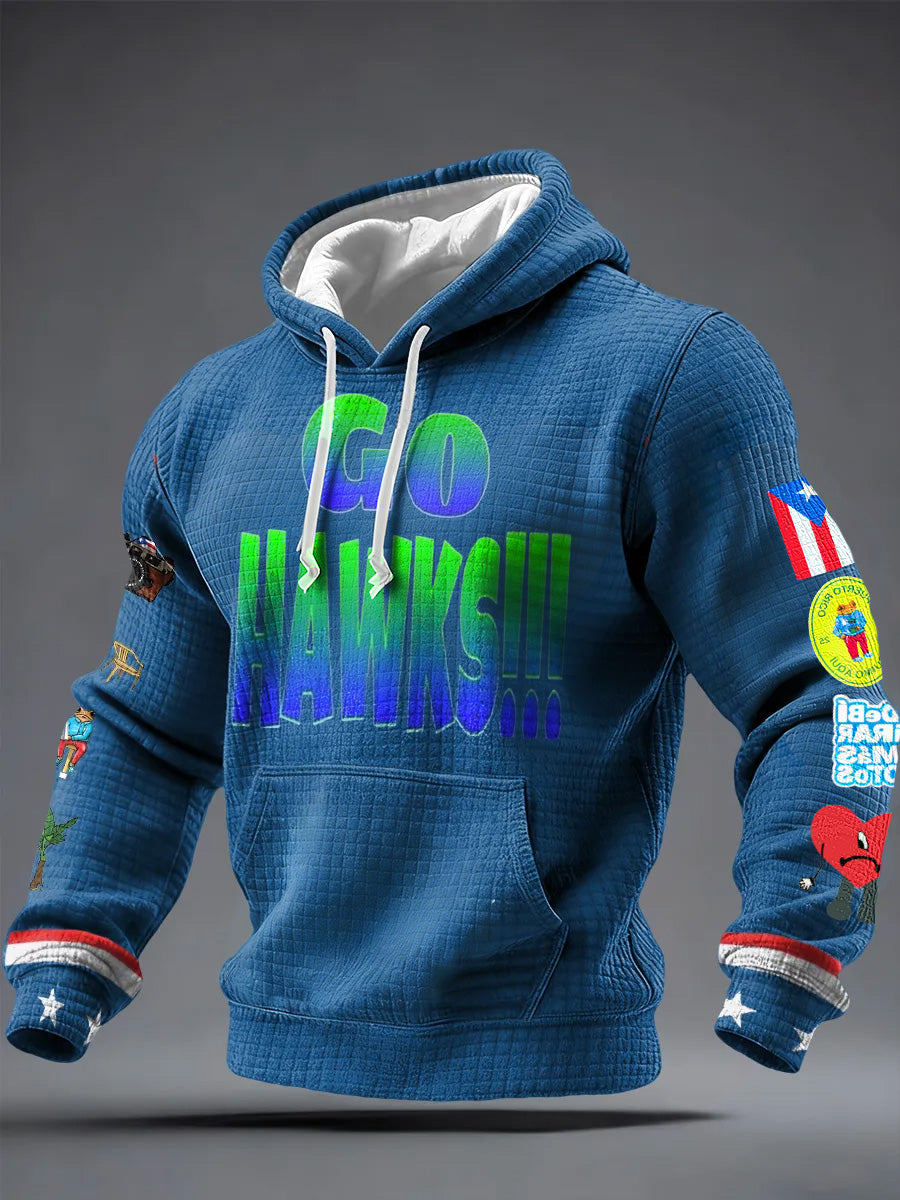 Men'S Minimalist Personalized Art Seahawk Champion Rugby Pattern Waffle Hoodie