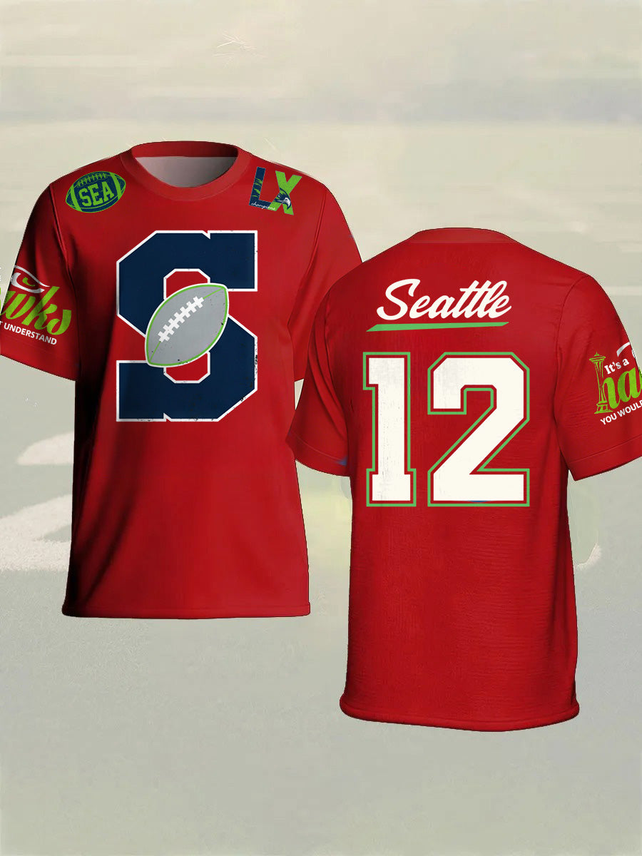 Men's Fashion Seahawk Champion Casual Letter Printed Round Neck T-shirt