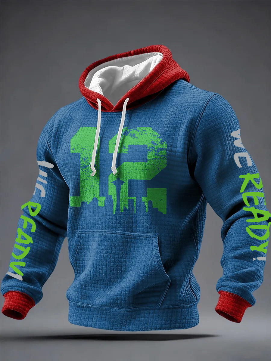 Men'S Minimalist Personalized Art Seahawk Champion Rugby Pattern Waffle Hoodie