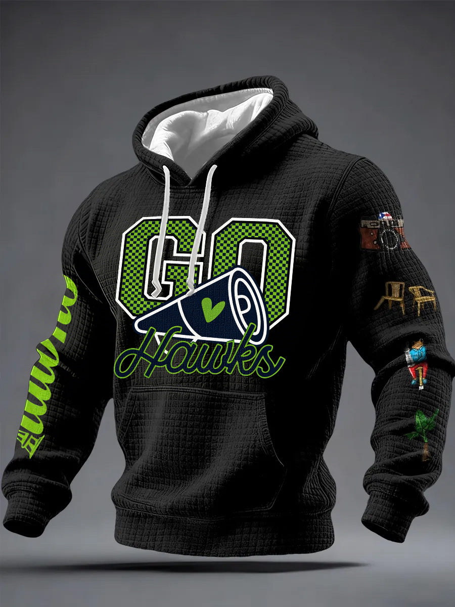 Men'S Minimalist Personalized Art Seahawk Champion Rugby Pattern Waffle Hoodie