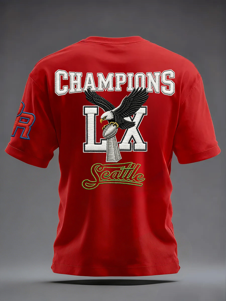 Men's Fashion Seahawk Champion Casual Letter Printed Round Neck T-shirt