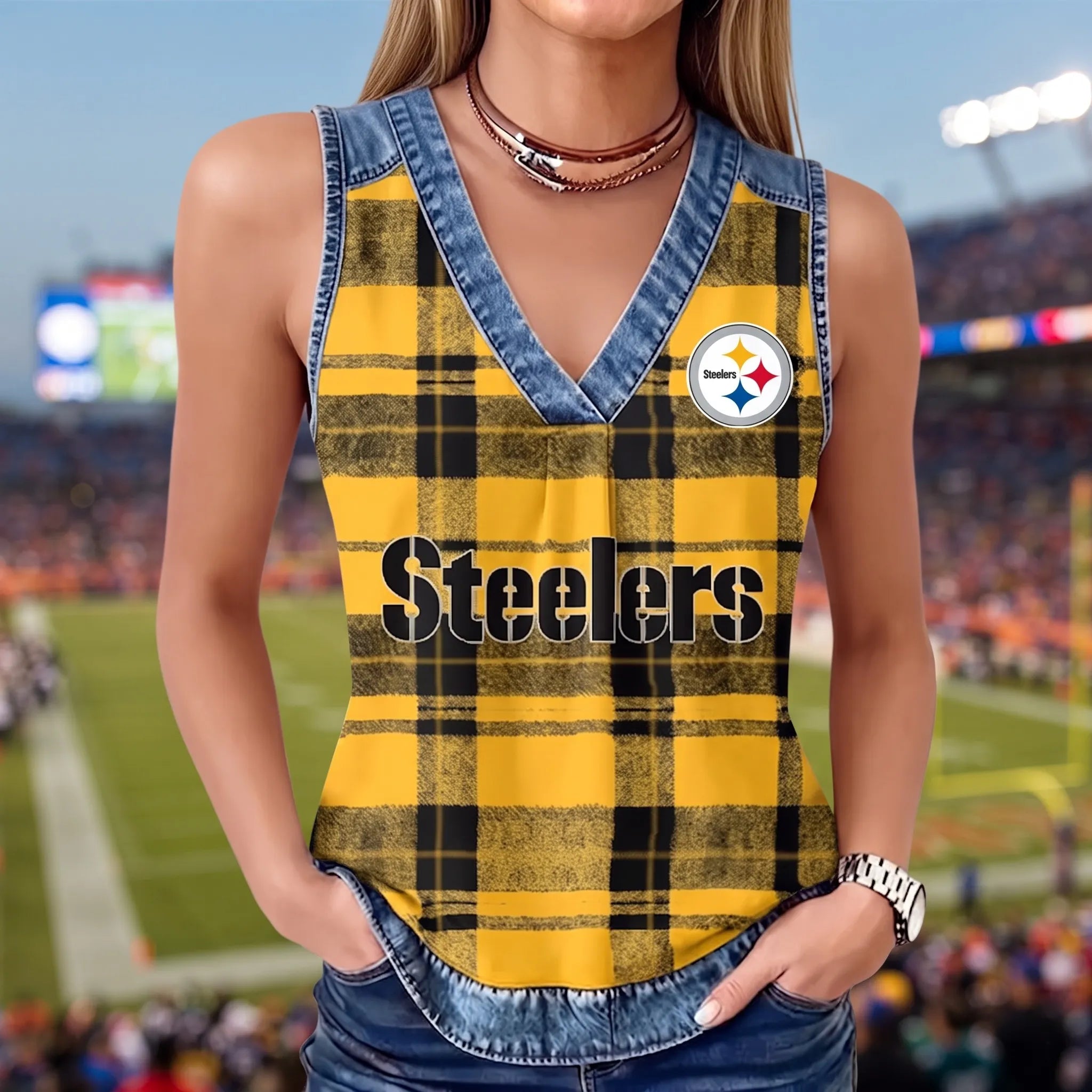 Female Pittsburgh Steelers Football Club Fan In V-Neck Vest