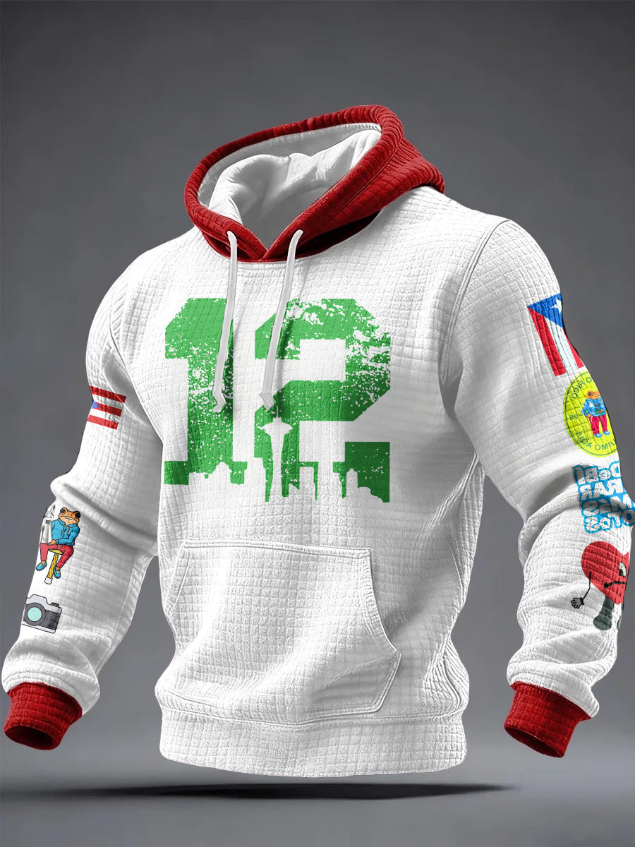 Men'S Minimalist Personalized Art Seahawk Champion Rugby Pattern Waffle Hoodie