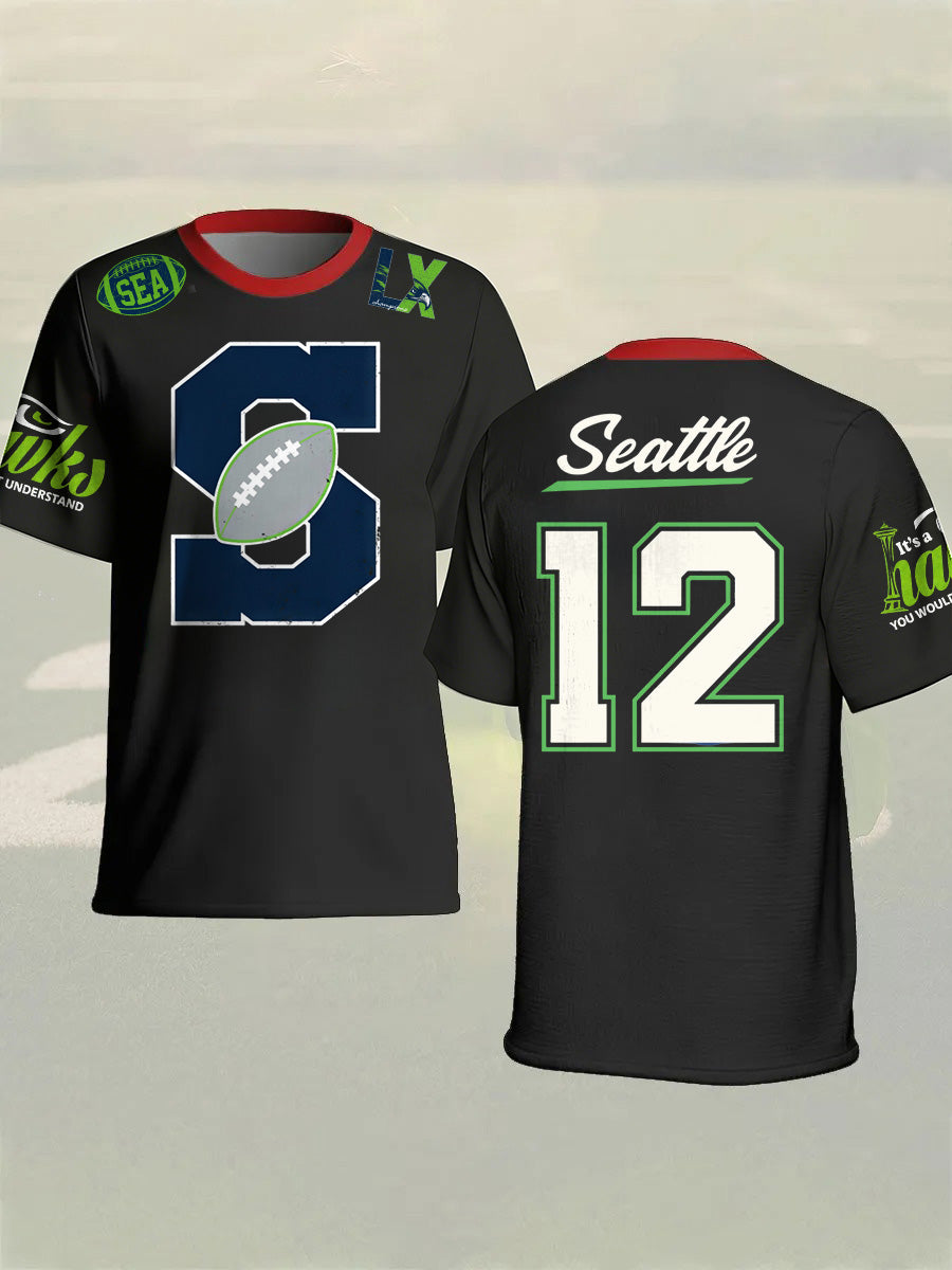 Men's Fashion Seahawk Champion Casual Letter Printed Round Neck T-shirt