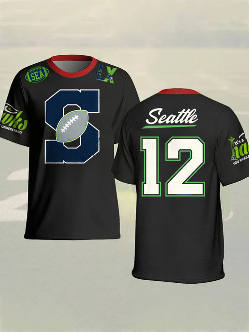 Men's Fashion Seahawk Champion Casual Letter Printed Round Neck T-shirt