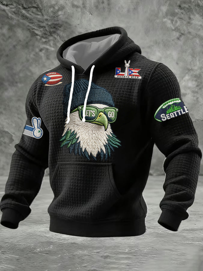 Men'S Minimalist Personalized Art Seahawk Champion Rugby Pattern Waffle Hoodie