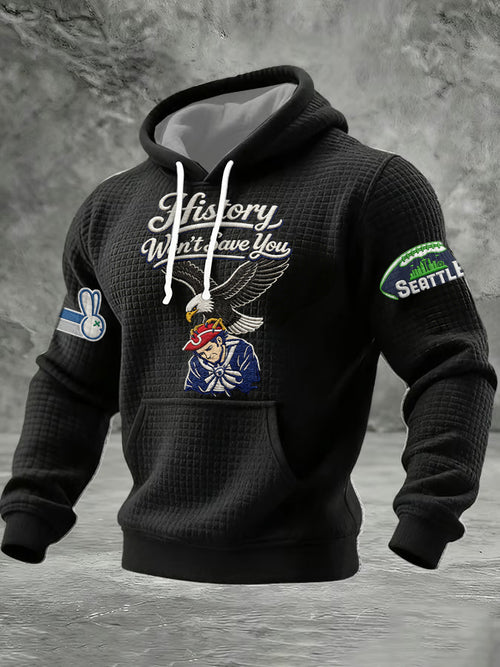 Men'S Minimalist Personalized Art Seahawk Champion Rugby Pattern Waffle Hoodie