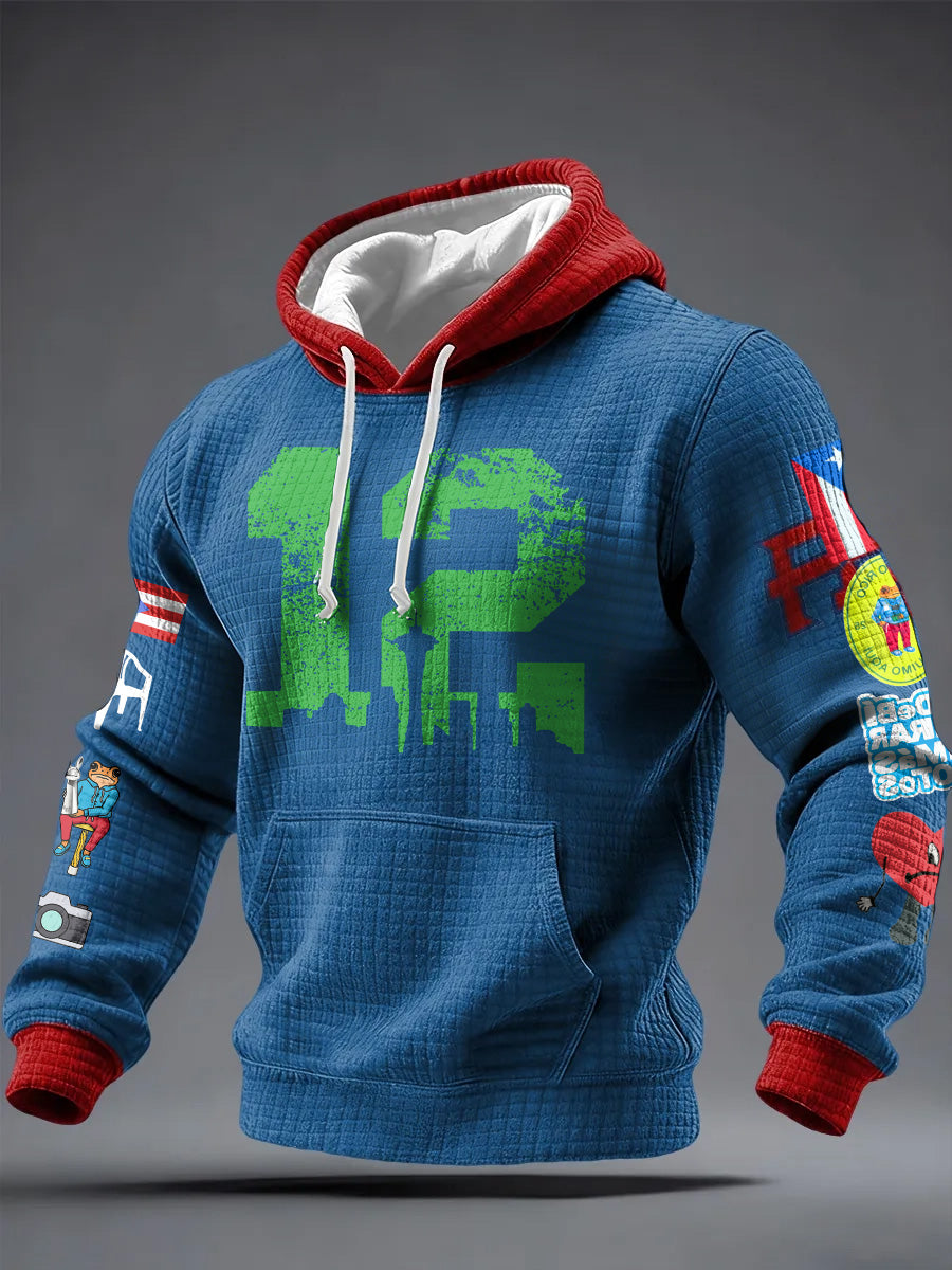 Men'S Minimalist Personalized Art Seahawk Champion Rugby Pattern Waffle Hoodie