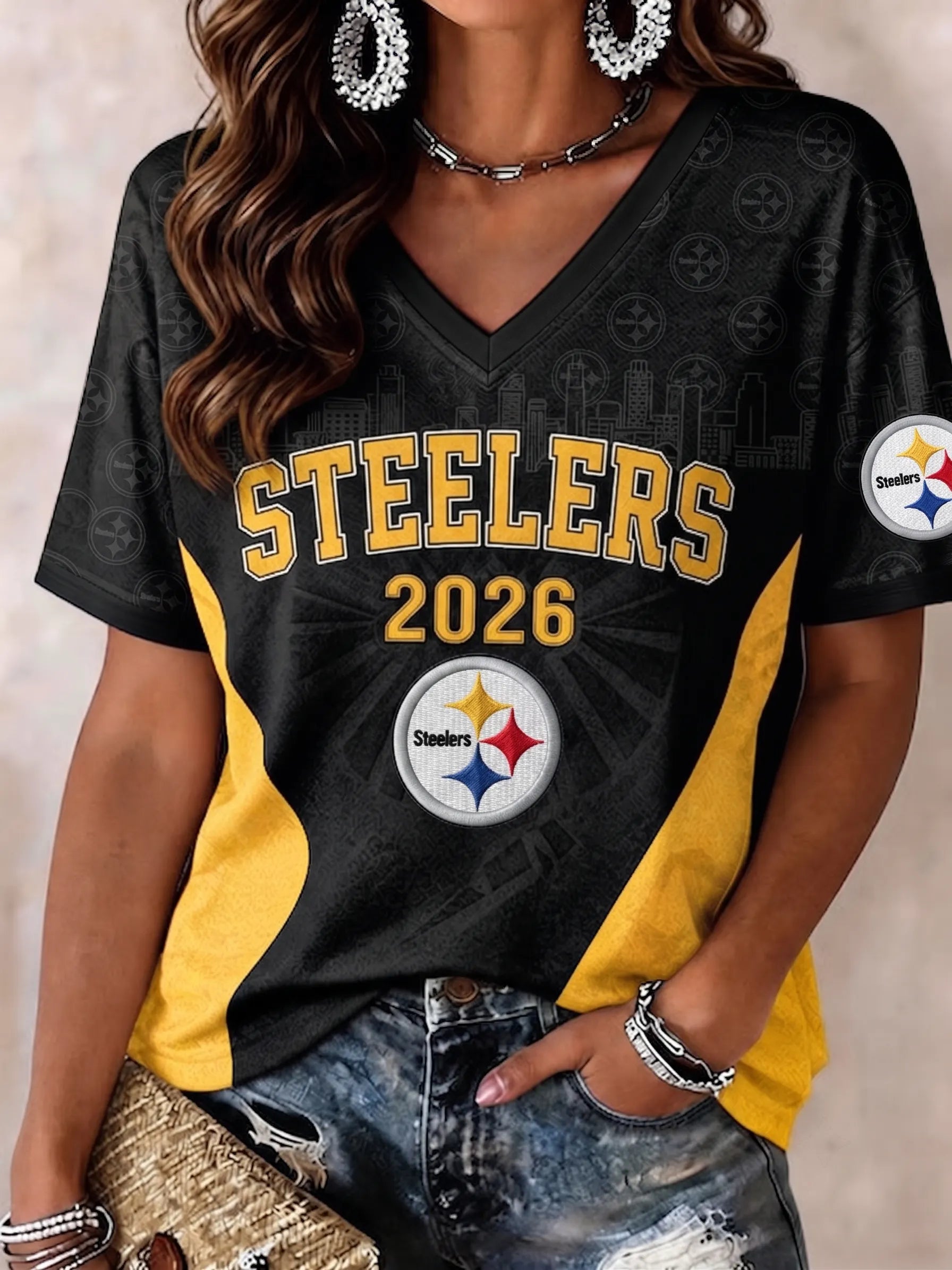 Women's Pittsburgh Steelers Fan Print V-Neck T-shirt