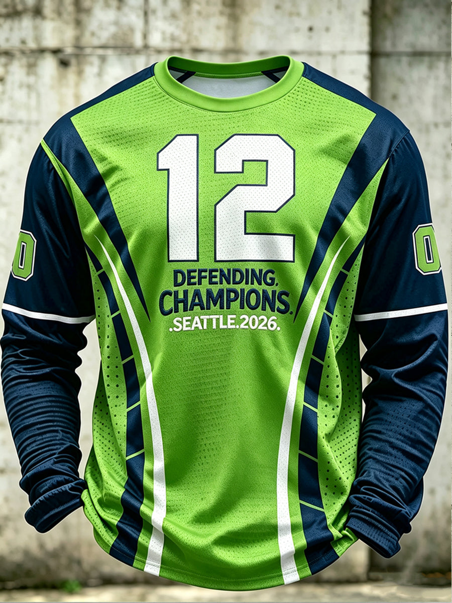 Men's Seattle Football Printed Waffle Long Sleeved Round Neck Sweatshirt